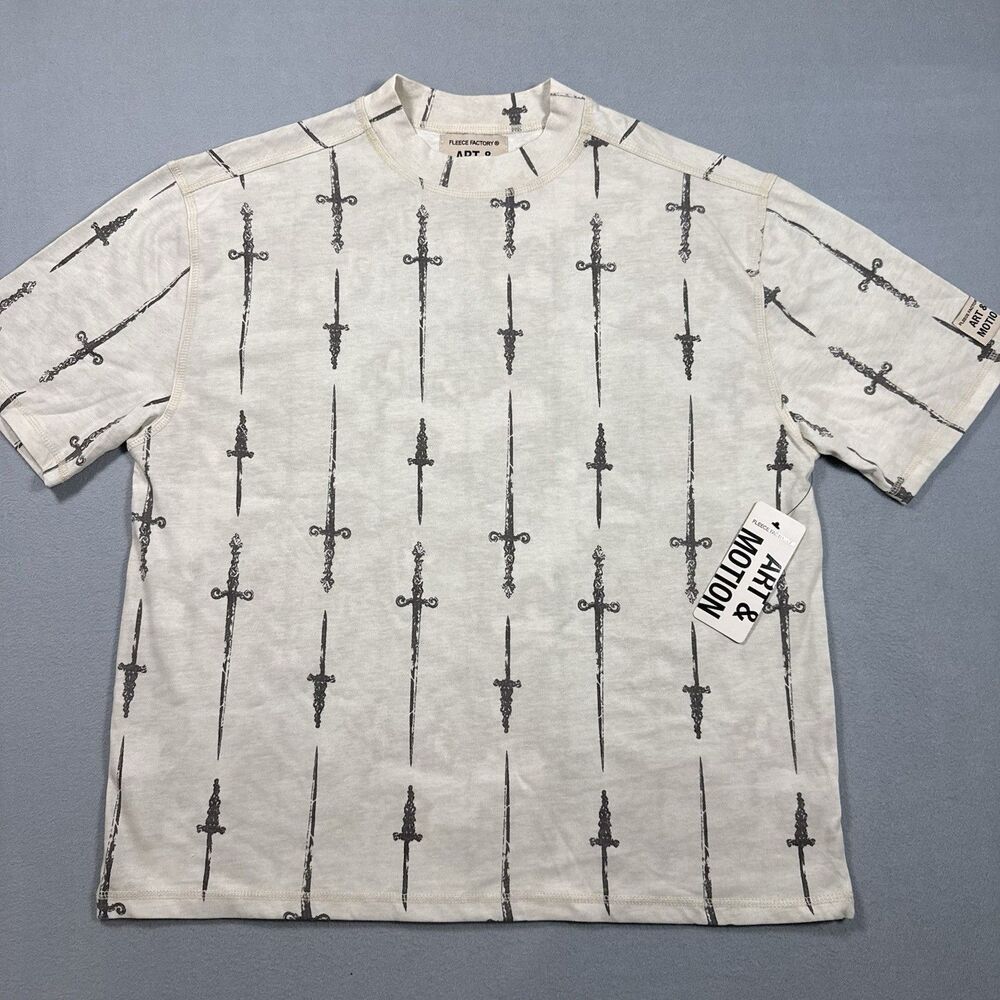 Art & Motion Fleece Factory Sword Dagger Print T-Shirt Cream Sz M NWT